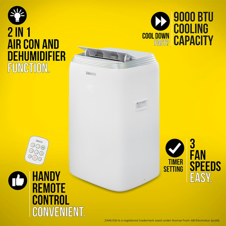 image 1 of Zanussi Air Conditioner & Dehumidifier 3 Fan Speeds 2 in 1 9000 BTU 16m² Room Size White ZPAC9002