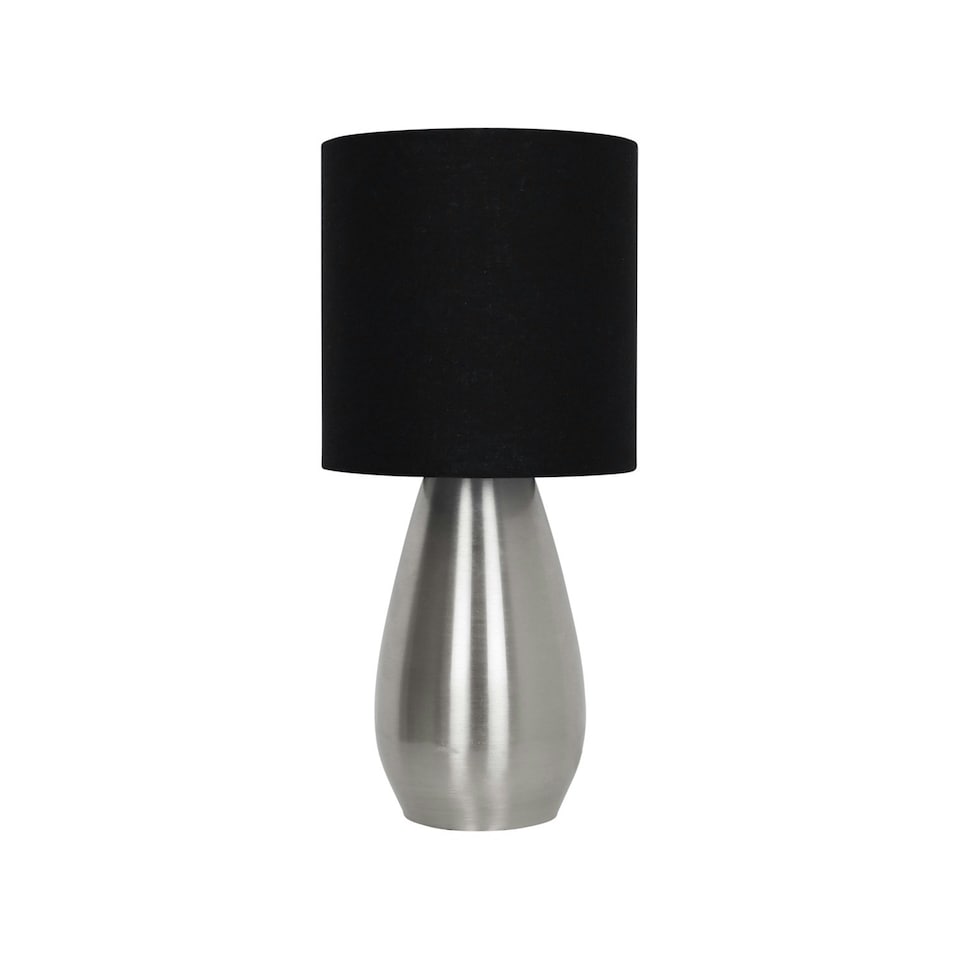 image 1 of First Choice Lighting Bullet Satin Nickel Touch Table Lamp with Black Fabric Shade Silver | Black