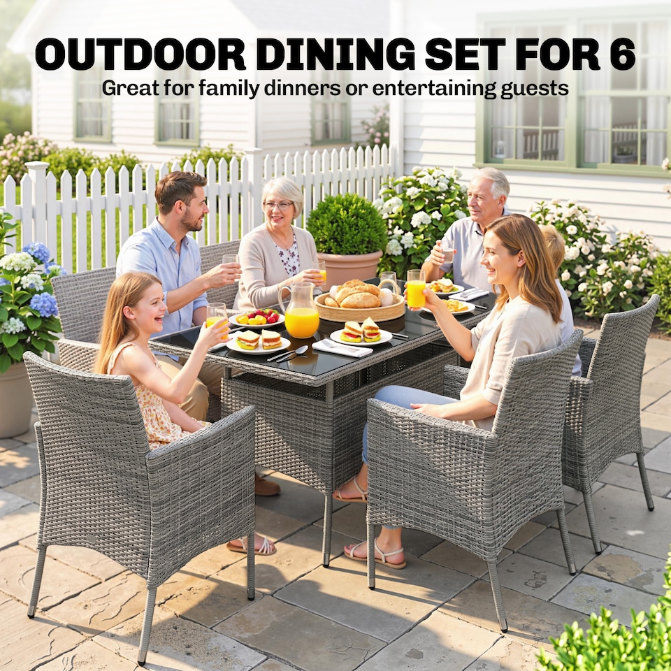 image 1 of Outsunny 7-Piece Rattan Dining Set for 6 with Cushions, Glass Top Table