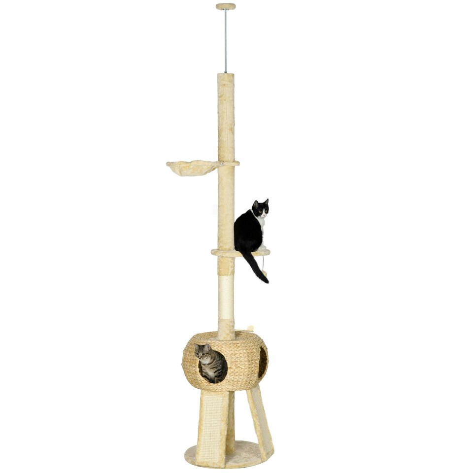 image 1 of PawHut 255cm Tall Cat Tree with Scratching Posts, Condo, Hammock, Beige