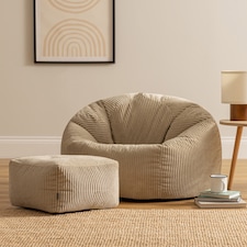 Kingston Cord Adults Bean Bag Chair and Pouffe, Ready Filled Beanbag and Footstool Stone Beige | Cream | Natural | 2