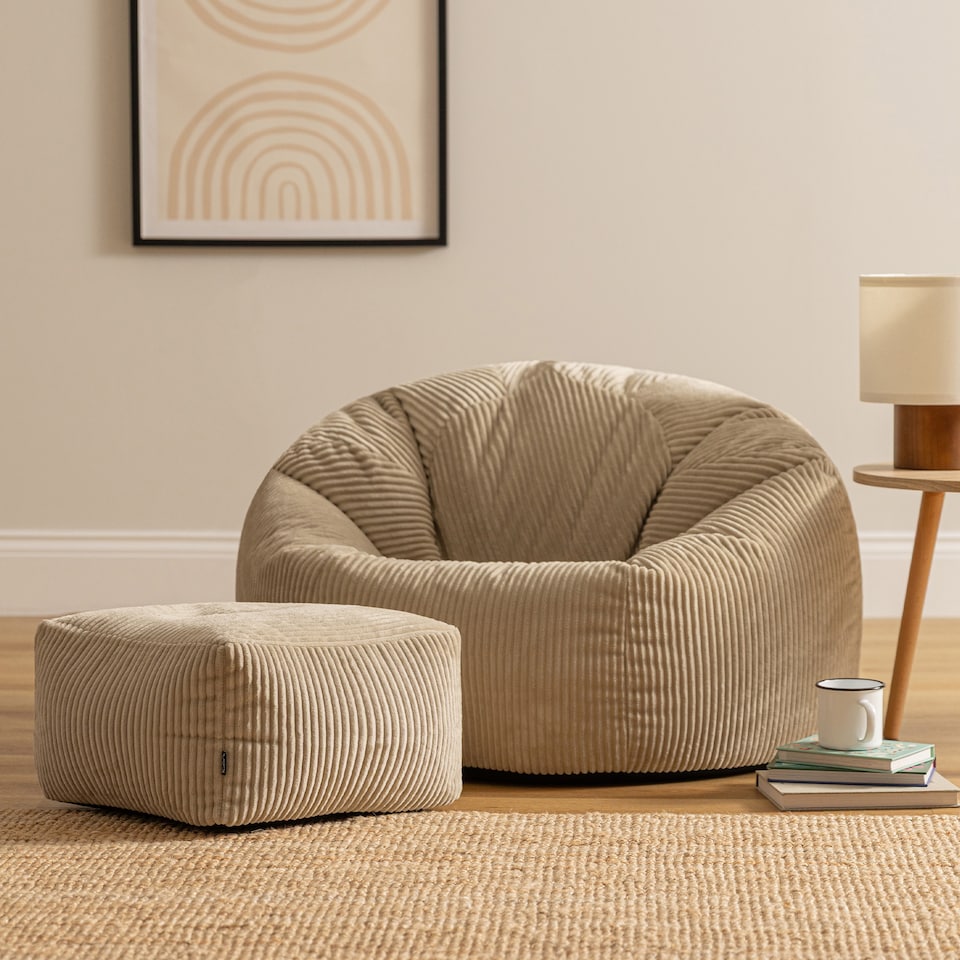 image 1 of Kingston Cord Adults Bean Bag Chair and Pouffe, Ready Filled Beanbag and Footstool Stone Beige | Cream | Natural | 2