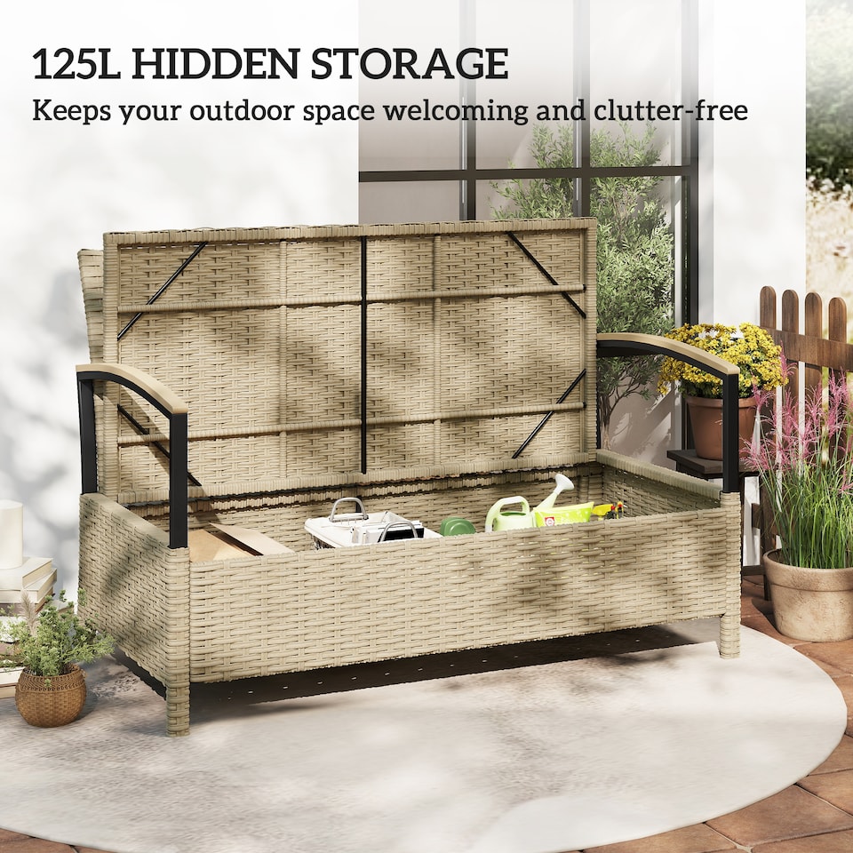 image 1 of Outsunny 125L Garden Storage Bench, 2 Seater PE Rattan Outdoor Bench | Brown | Khaki | Not provided