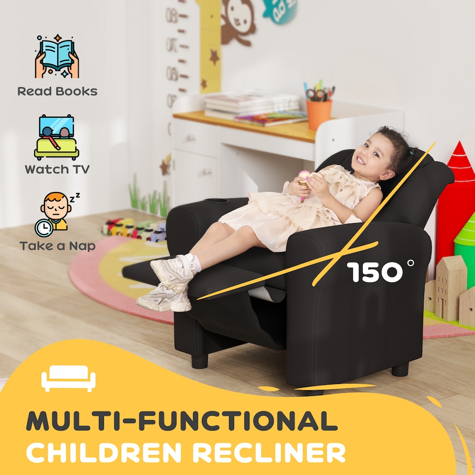 image 1 of HOMCOM Kids Recliner Chair w/ Cup Holder, PU Leather Children Lounger, Black