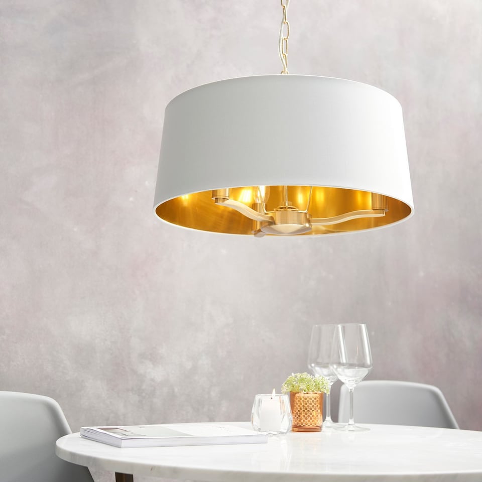 image 1 of Harvey 3 Light Ceiling Pendant Satin Brushed Gold, Vintage White Silk Effect, E14