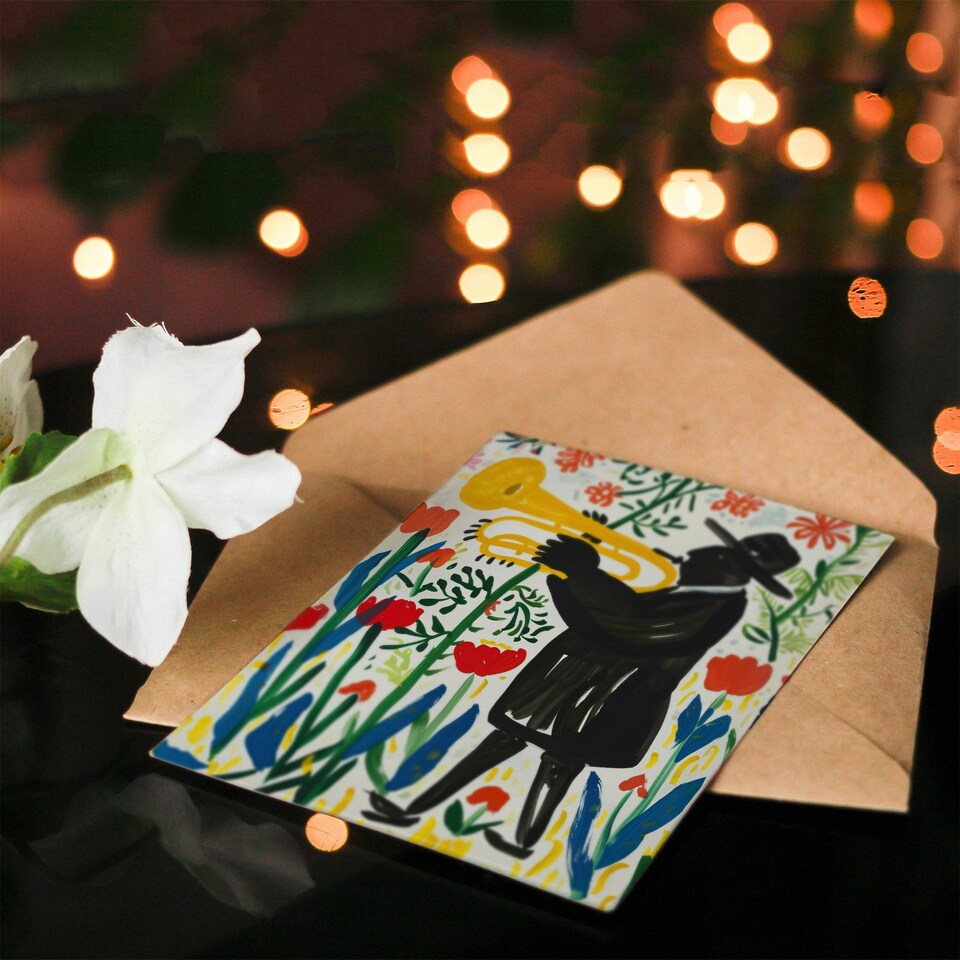 image 1 of Jazz Trombonist Music Musician Tulips Fun Colourful Birthday Anytime Card
