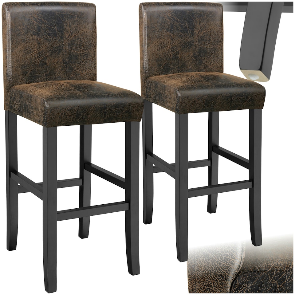 image 1 of Bar Stool - padded backrest, synthetic leather, with footrests - Set of 2 Brown | Antique Brown