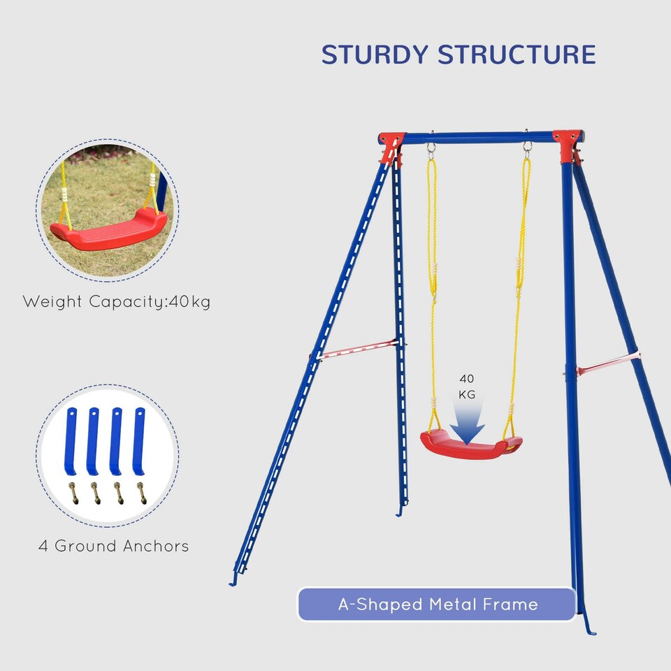 image 1 of Outsunny Metal Swing Set w/ Adjustable Rope A-Frame Stand Outdoor Playset
