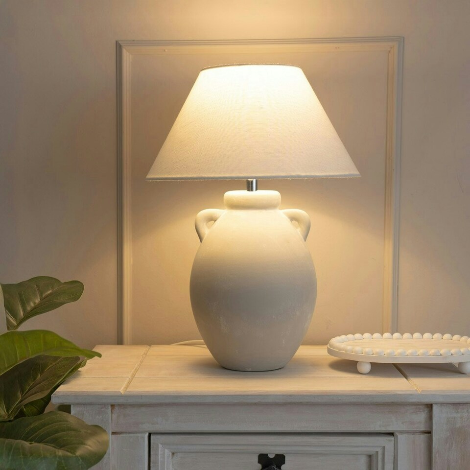 image 1 of ValueLights Daphne Linen Tapered Lamp Shade Stoneware Ceramic Vase Table Lamp with LED Bulb Grey