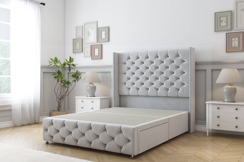 image 1 of Sloomy Luthor Silver Plush Divan Bed Base No Drawers With 54 Inch Wingback Headboard & 12 Inch Matching Footboard | Silver | Silver | Double | 1