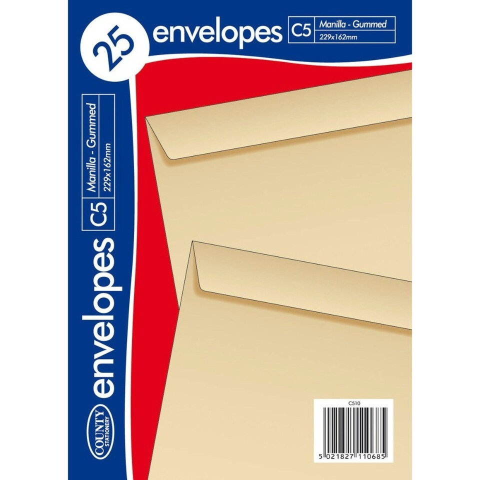 image 1 of C5 Manilla Gummed Envelopes = pack 25 229 x 162mm