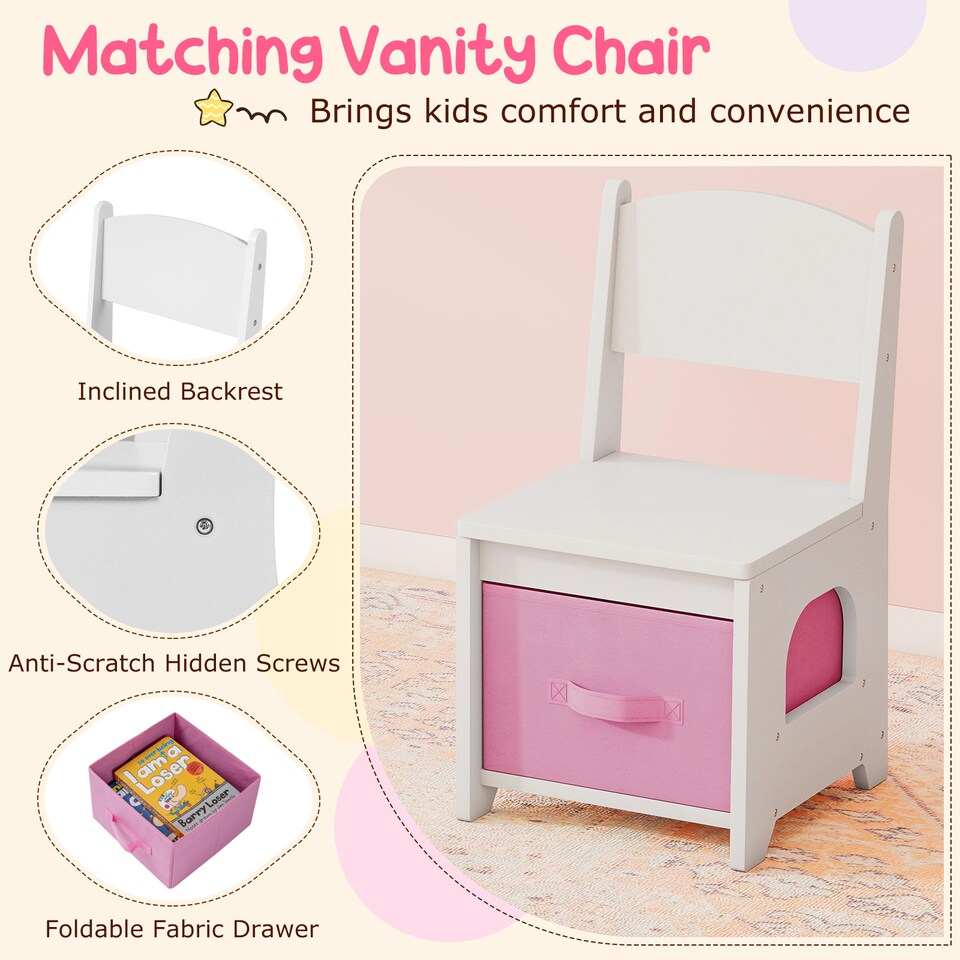 image 1 of COSTWAY Kids Princess Vanity Table & Chair Set White