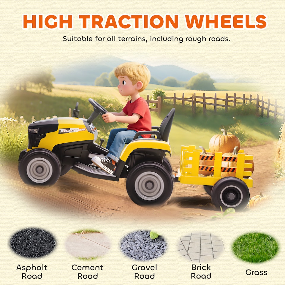 image 1 of AIYAPLAY Ride on Tractor with Trailer, 12V Electric Vehicle with Remote Control, Ride on Car for Kids with Music, Shifter, Start-Up Sound for Ages 3-8 Years | Yellow