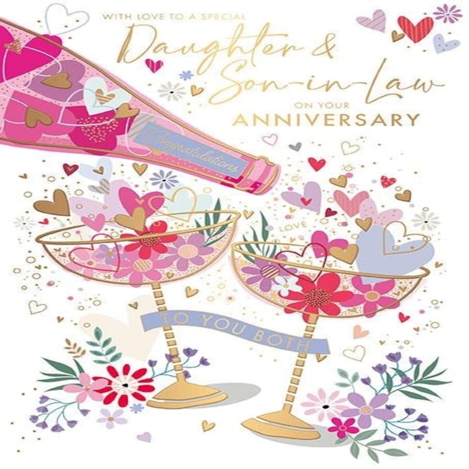 Words 'n' Wishes Special Daughter and Son-In-Law Anniversary Card - Floral Champagne Glasses with Hearts and Embossed Foil Details - Eco-Friendly