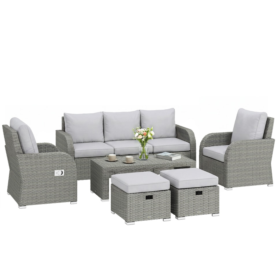 image 1 of Outsunny Rattan Garden Furniture Set with Recliners, Footstools, Light Grey | Grey | Light Grey