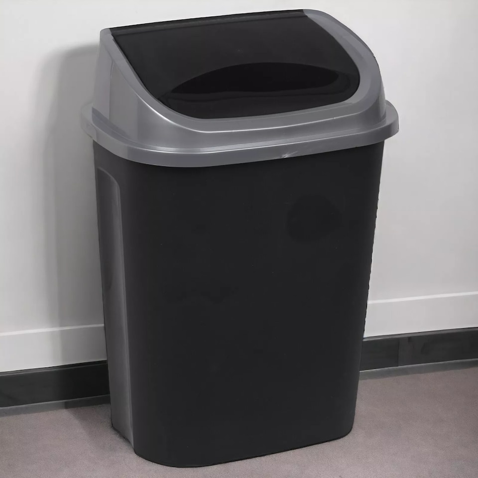 image 1 of Plastic Swing Top Waste Bin Can Dustbin Black & Grey Home Office Kitchen | Black | Black | 25 Litre
