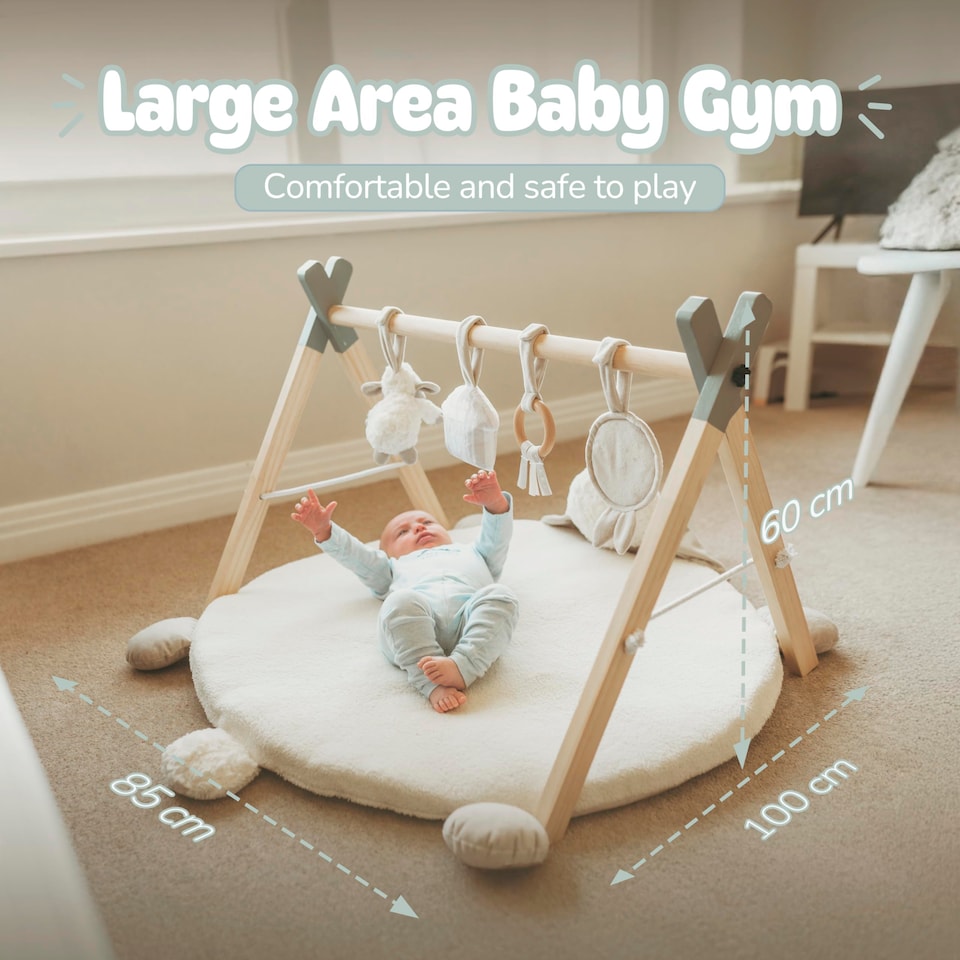 image 1 of BooBoo Baby EWE & ME Play Mat Baby Gym | Wooden Activity Tummy Time Playmat | Ewe & Me Super Soft Sheep Design | x4 Detachable Sensory Toys