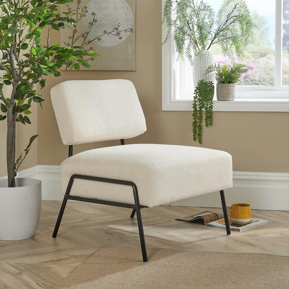 image 1 of Boucle Accent Chair Black Metal Legs Cream Modern Home Living Seating Furniture Green
