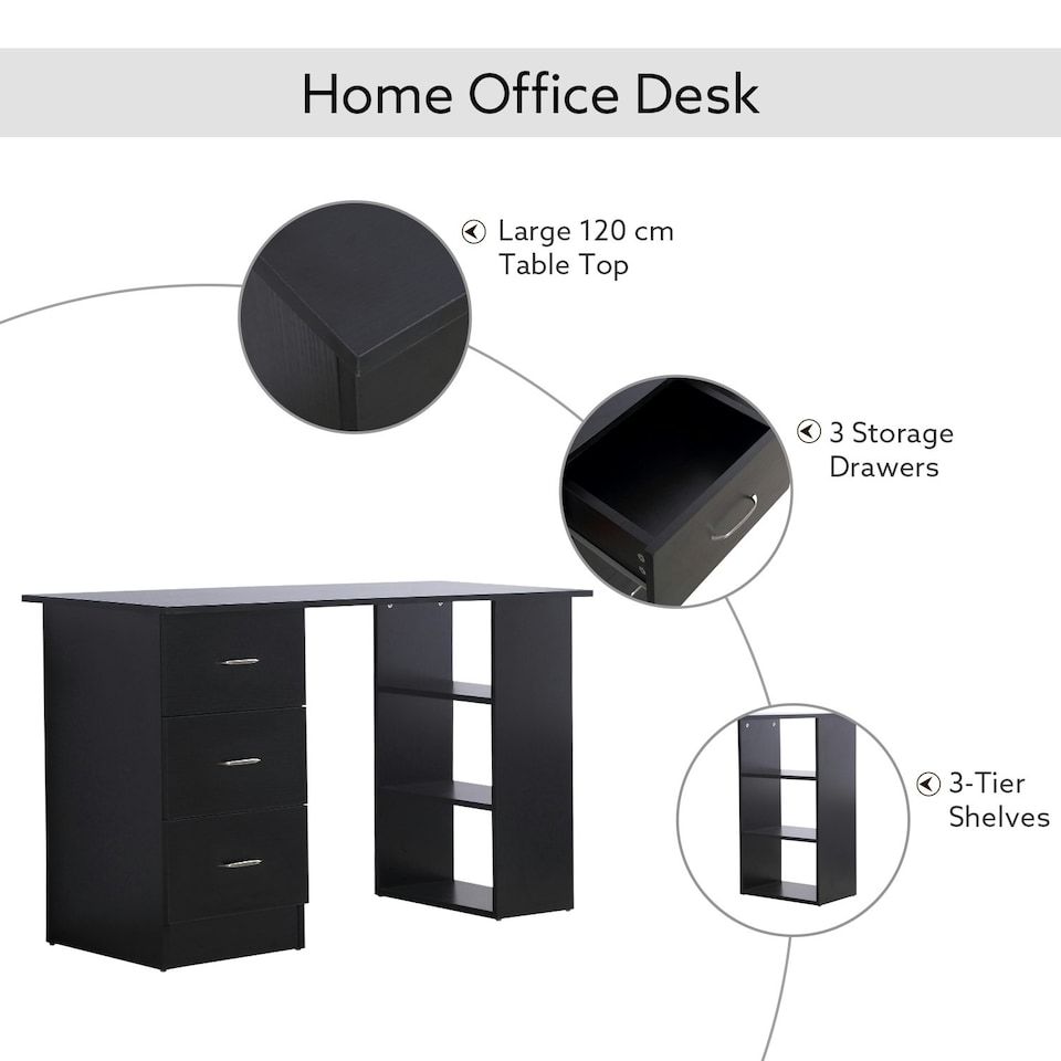 image 1 of HOMCOM 120cm Computer Desk Workstation with 3 Shelf & Drawers Black