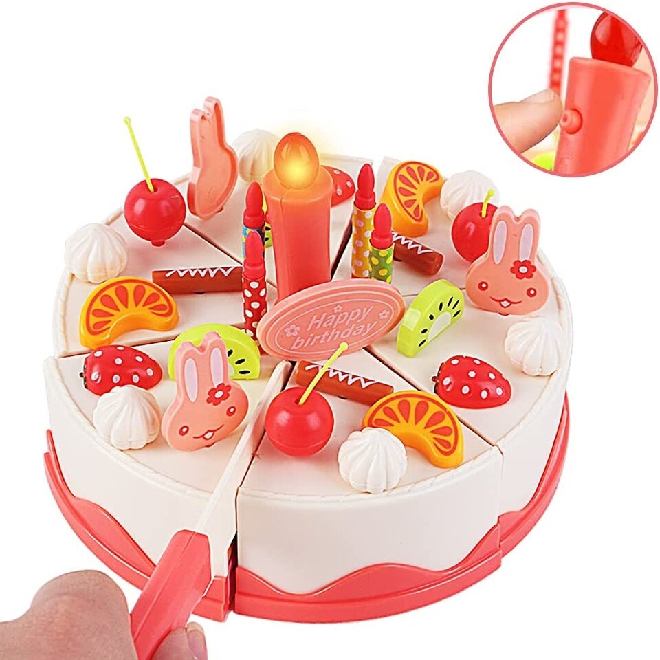 image 1 of Pretend Cutting & Decorating Birthday Cake Tea Party Play Set – 83-Piece Dessert & Afternoon Tea Role Play Set with Light-Up Candle