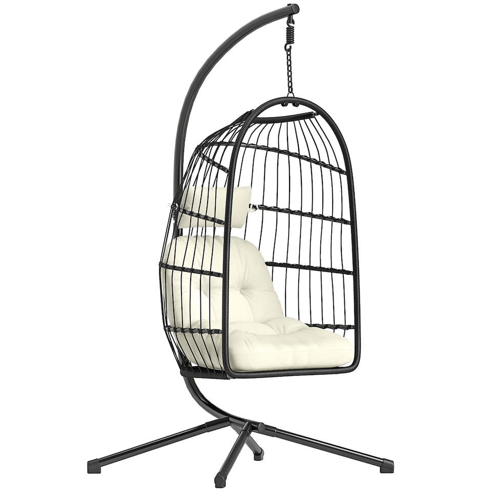 image 1 of Outsunny Hanging Egg Chair, Outdoor Swing Chair with Stand, Black/Cream | Black | Black/Cream White | One Size
