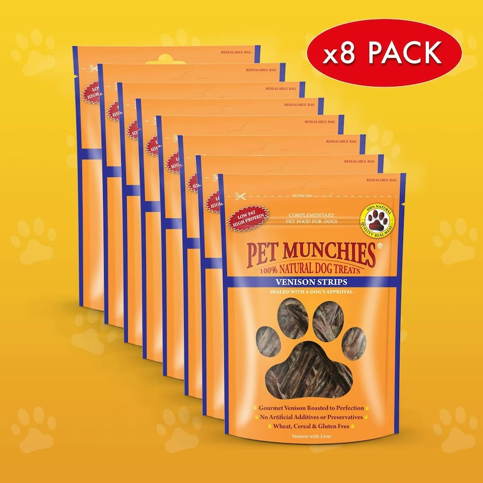 image 1 of Pet Munchies Venison Strips Dog Treats, Premium Wheat Free Dog Chews with Natural Real Meat, Low in Fat and High in Protein 75g (Pack of 8)