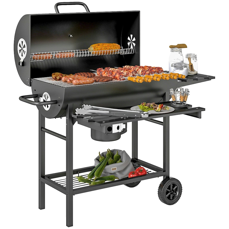 image 1 of Outsunny Charcoal BBQ Grill with Warming Rack Shelves Temperature Gauge