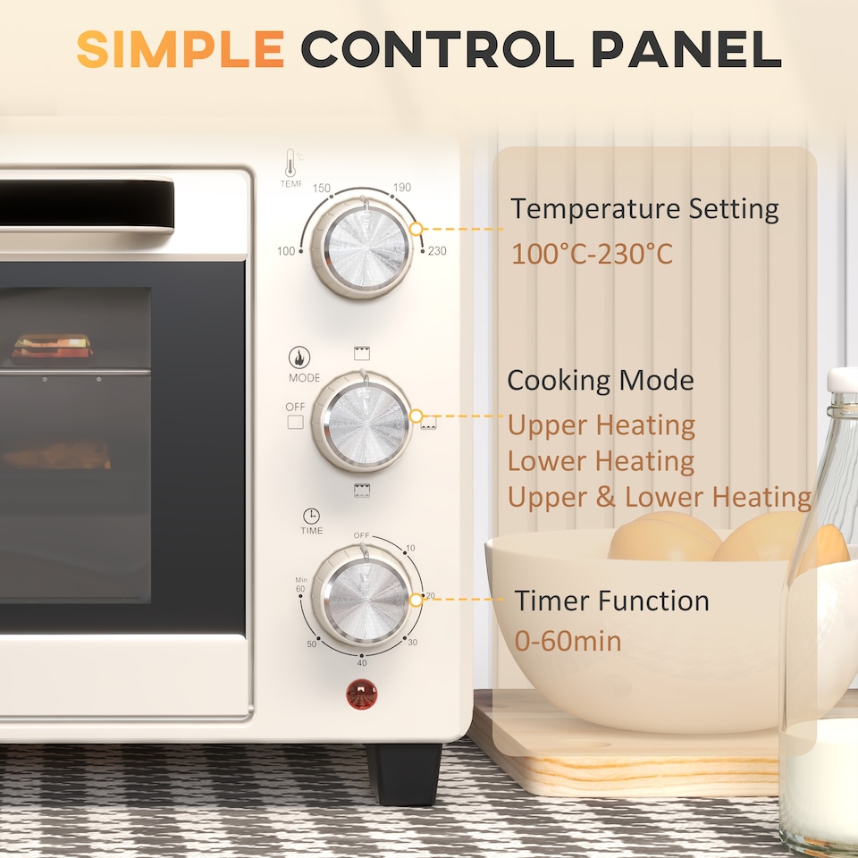 image 1 of HOMCOM Mini Oven, 21L Countertop Electric Grill, Toaster Oven with Adjustable Temperature, Timer, Baking Tray and Wire Rack, 1400W, Cream
