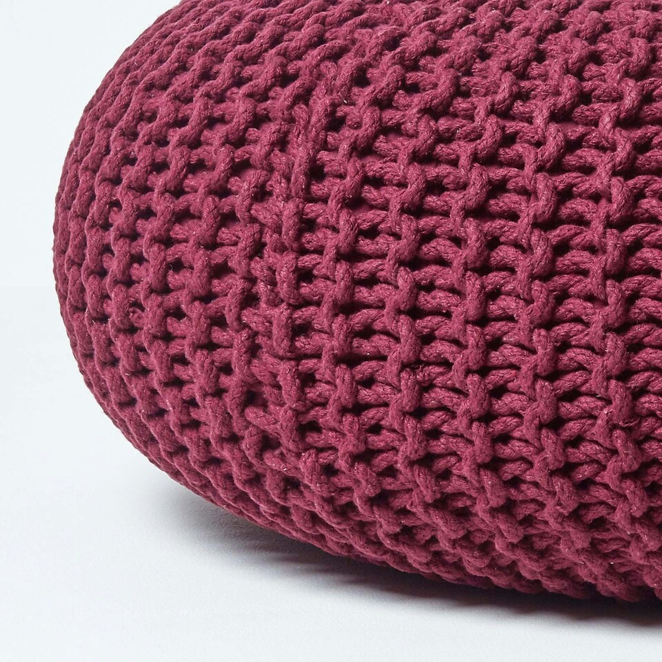 image 1 of Homescapes Plum Large Round Cotton Knitted Pouffe Footstool