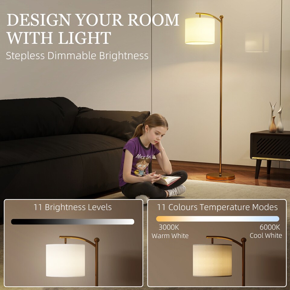 image 1 of HOMCOM LED Floor Lamp with Dimmable Colours Temperature & Brightness, Gold | Gold | Gold Tone