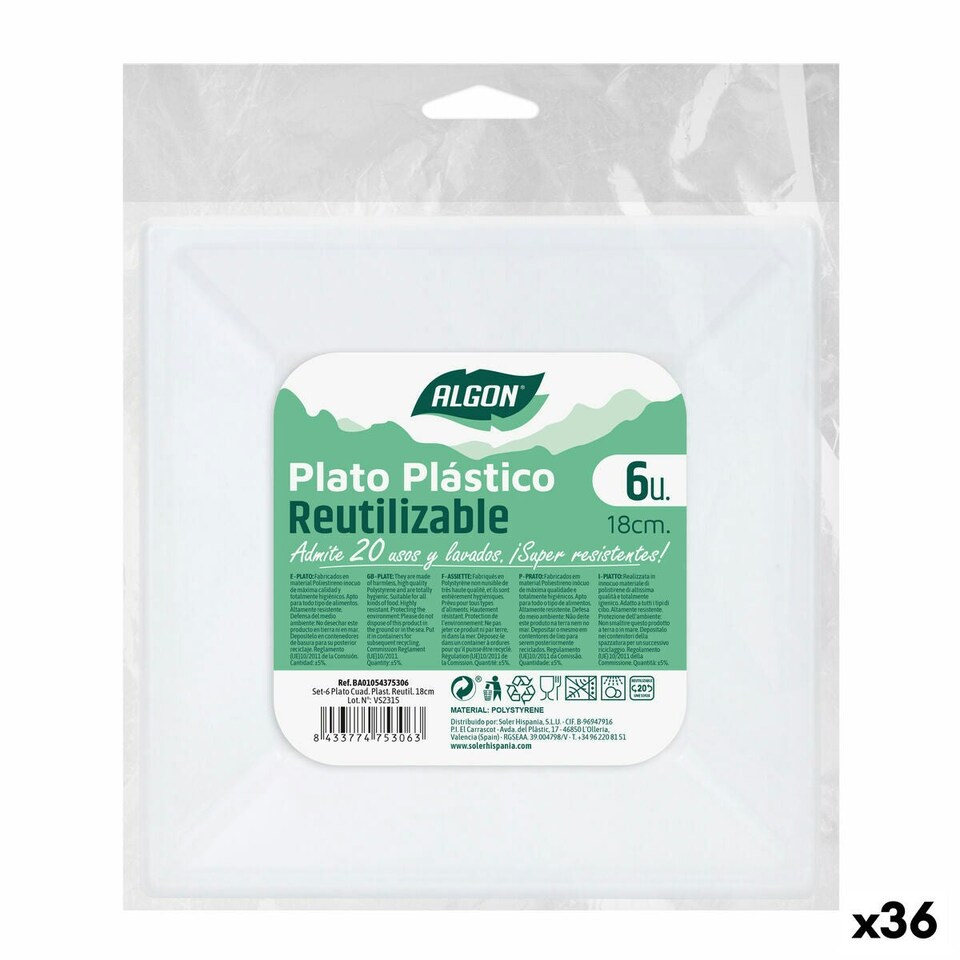 image 1 of Set of reusable plates Algon Squared Plastic 18 x 18 x 2 cm (36 Units) N/A