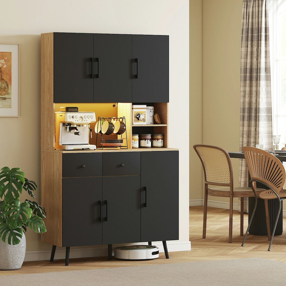 image 1 of HOMCOM Tall Kitchen Cupboard with LED Lights and Adjustable Shelves, Oak | Black | Oak | 100W x 40D x 176H cm