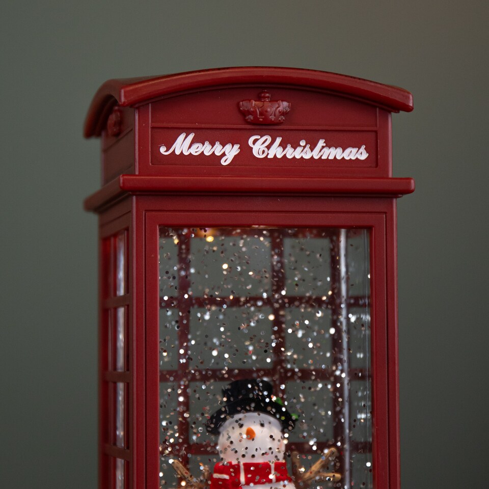 image 1 of 25cm Battery Operated Light up Christmas Phone Box Water Spinner with Snowman Scene & LEDs