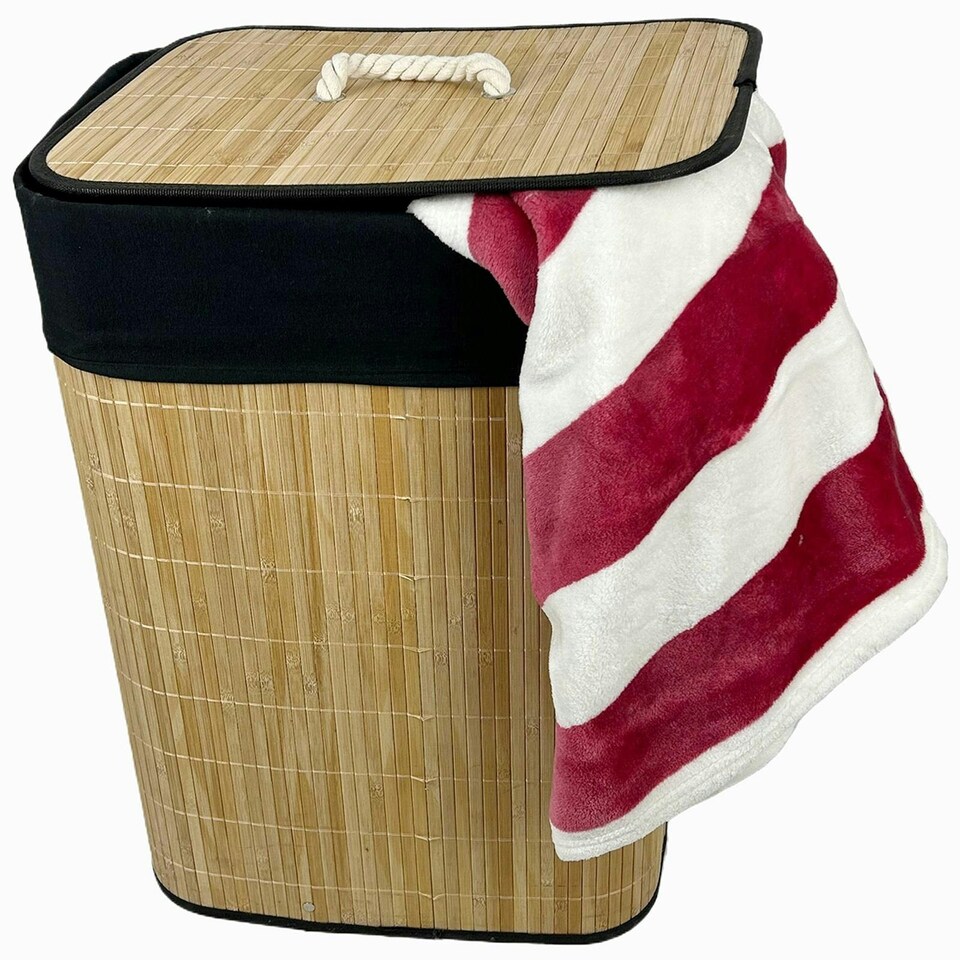 image 1 of Bamboo Laundry Basket with Lid Liner 72L Folding Washing Clothes Bin Hamper Bag Brown