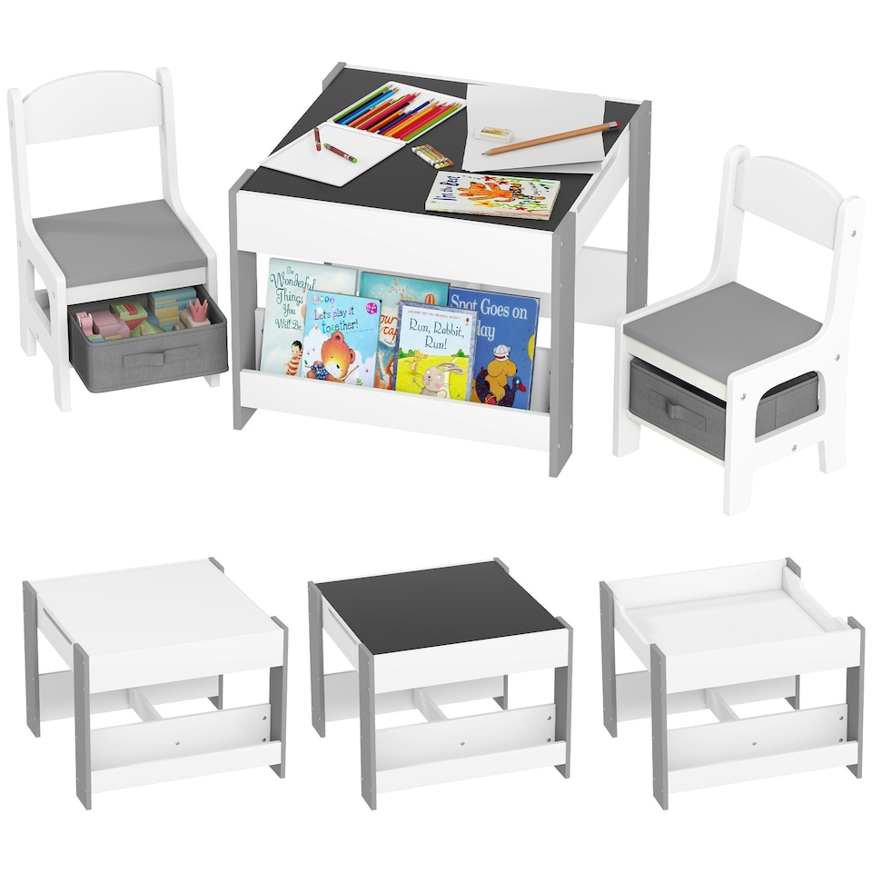image 1 of HOMCOM 3-Piece Kids Table and Chair Set for Nursery, Playroom, Classroom | Grey | 61.5L x 61.5W x 48H cm | 3