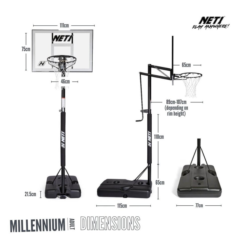 image 1 of NET1 Millennium Portable Basketball Hoop — Adjustable 7'6" to 10' (2.28–3.05 m), Polycarbonate Backboard | Multi | BLACK | 4396