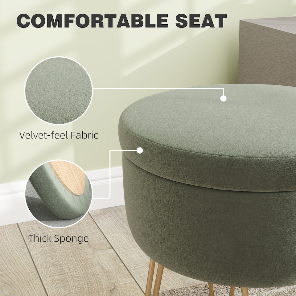 image 1 of HOMCOM 5L Velvet Storage Ottoman, Modern Round Footstool with Metal Hairpin Legs and Removable Lid, Dressing Table Stool Side Table for Hallway, Bedroom, Living Room, 33 x 33 x 43 cm, Green