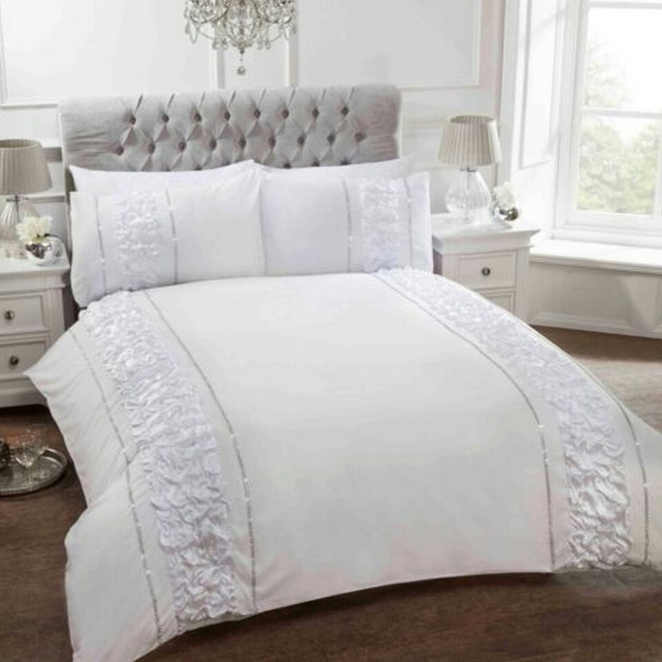 image 1 of Rapport Provence Diamante Ruffled Duvet Cover Set - White - Superking White | Super King