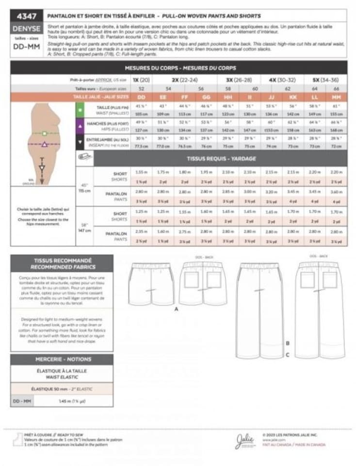 image 1 of Jalie 4347 Denyse Pull On Pants & Shorts Paper Sewing Pattern – Children’s, Teenagers’ & Women’s Trousers & Shorts, 28 Sizes, Intermediate