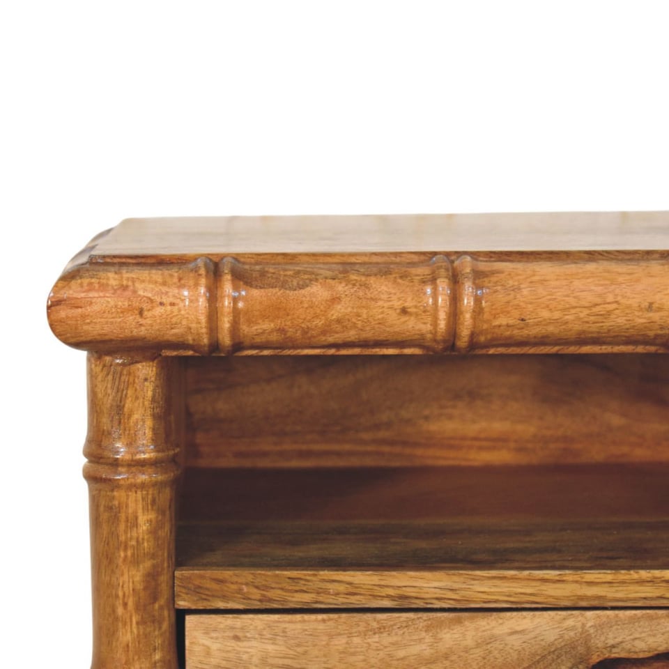 image 1 of Artisan Furniture Solid Wood Bamboo Open Bedside in Amber Oak Finish, 1 Drawer & 1 Shelf, Brown