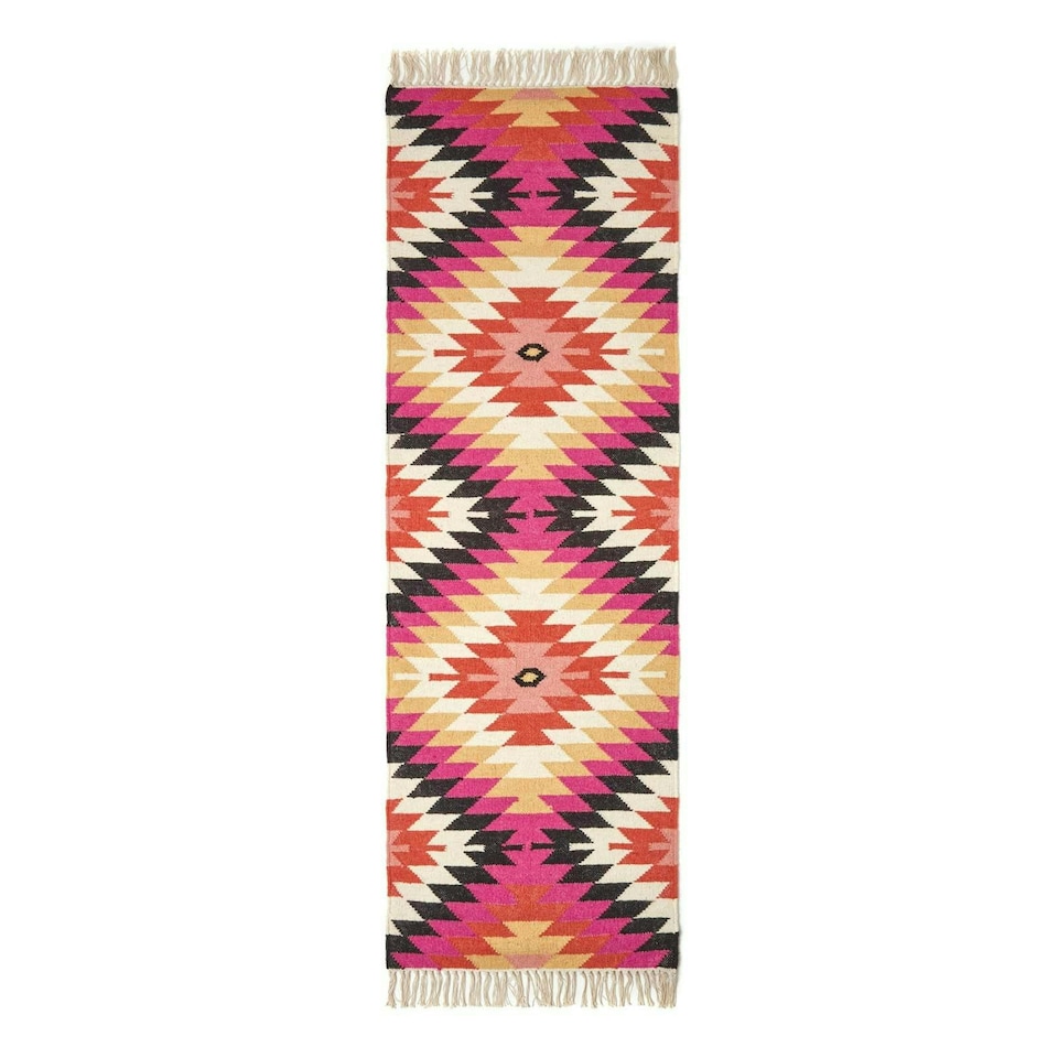 image 1 of Homescapes Jakarta Handwoven Geometric KIlim Wool Hall Runner - 66 x 200 cm | Pink | Pink, orange, black, white and yellow