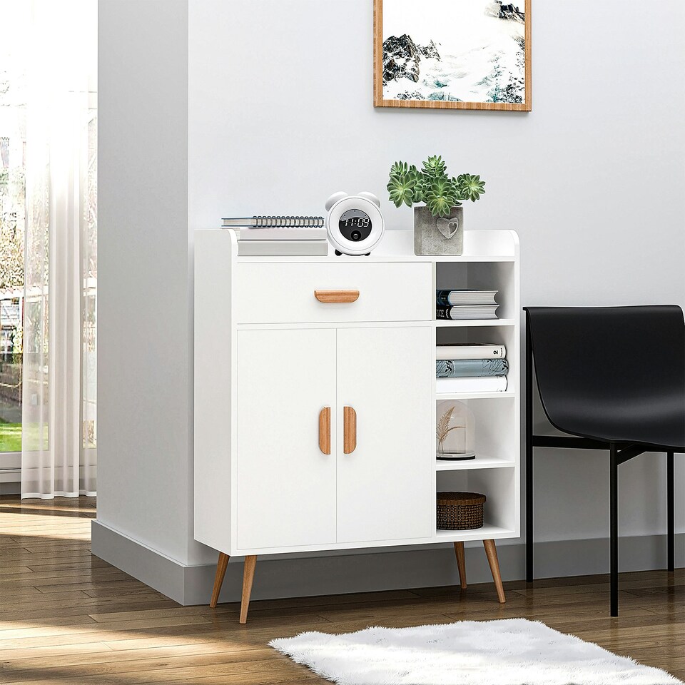 image 1 of HOMCOM Side Cabinet with Storage Drawer for Hallway, Kitchen White White | Natural Wood (Legs and Handles)