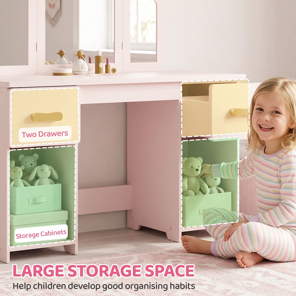 image 1 of AIYAPLAY Kids Vanity Table and Chair Set with Tri-Folding Mirror for 3+