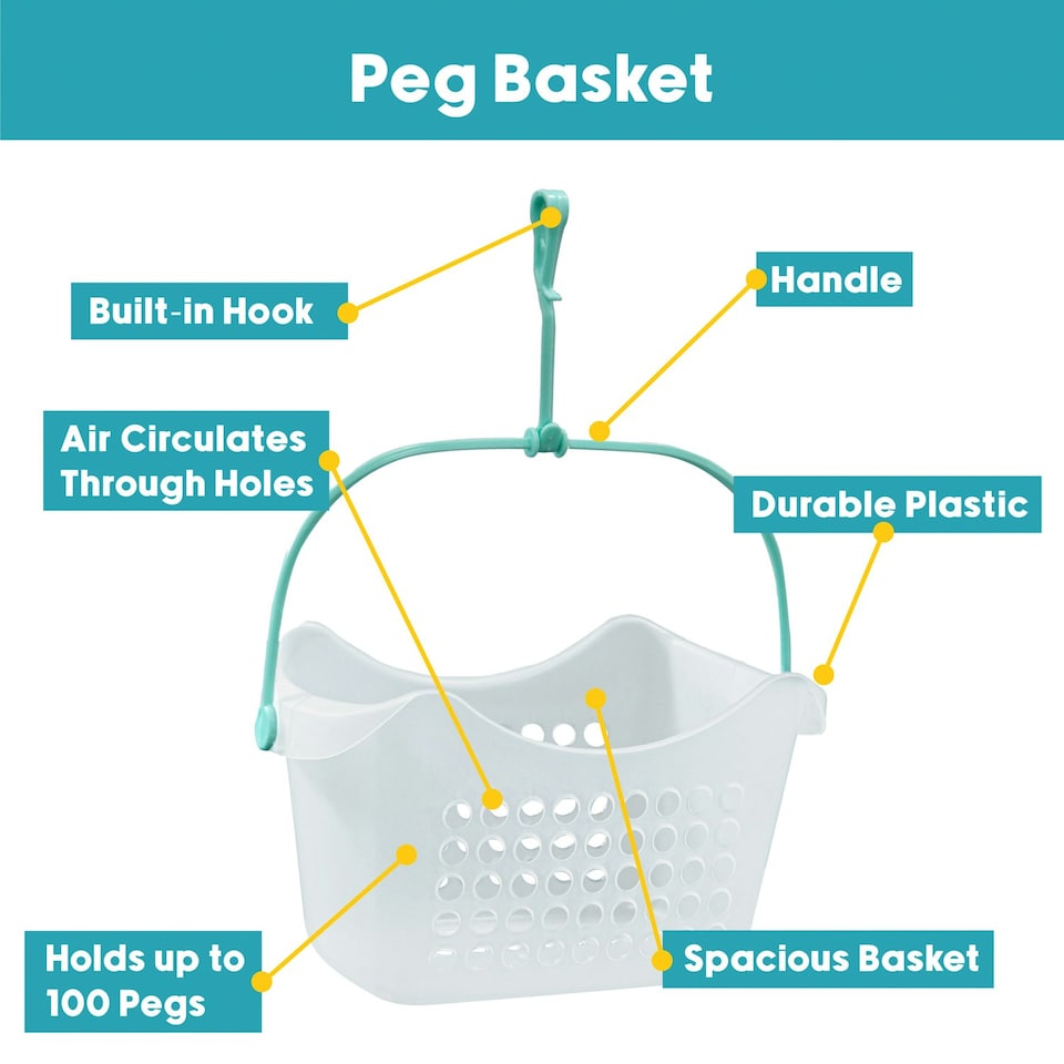 image 1 of JVL Plastic Peg Basket with 72 Wooden Dolly Pegs, Brown
