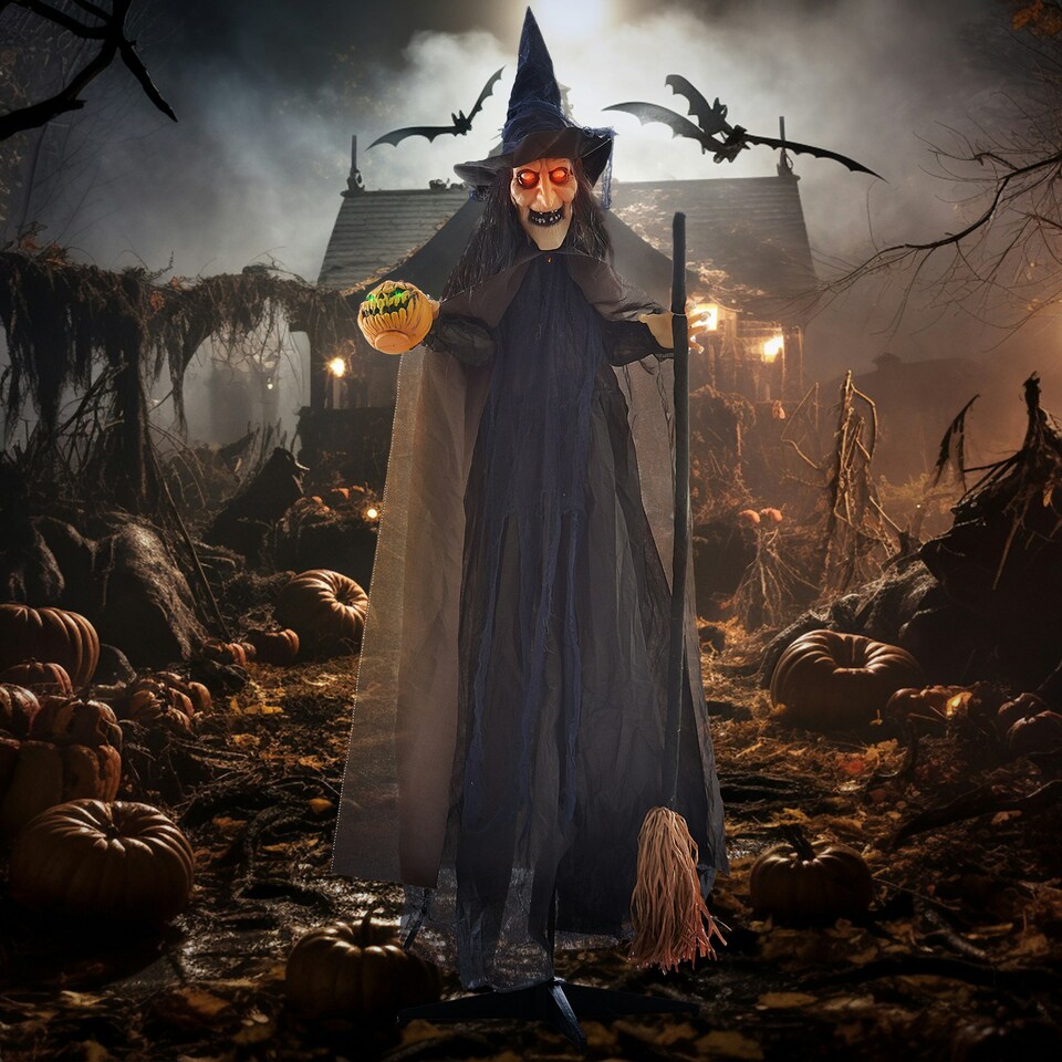 image 1 of HOMCOM Halloween Witch with Broomstick Animatronic Prop with Light Up Eyes