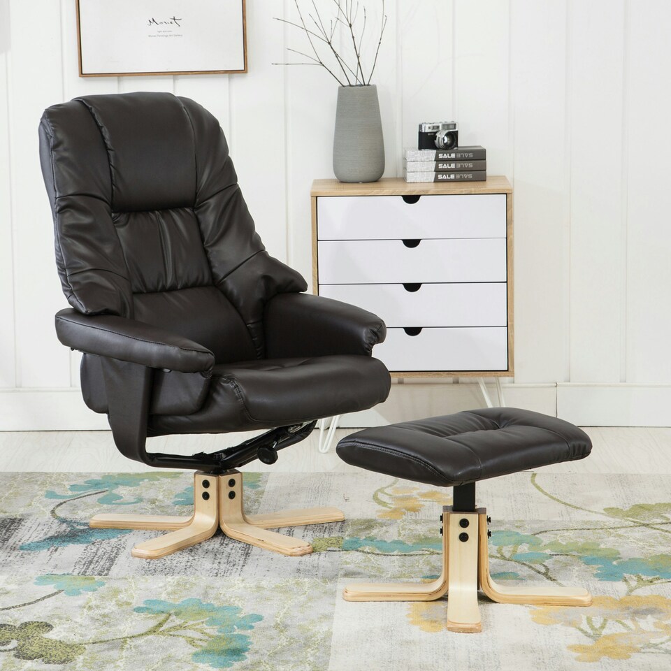 image 1 of Sorento Bonded Leather Swivel Recliner Armchair Chair w Footstool (Brown)