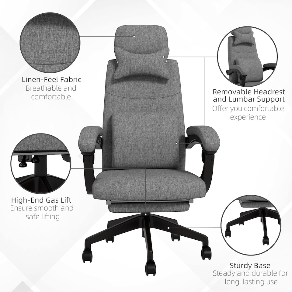 image 1 of Vinsetto Office Chair, Ergonomic Desk Chair, High Back Fabric Work Chair with 160 Reclining Backrest, Retractable Footrest, Neck and Lumbar Pillow for Home and Study, Dark Grey