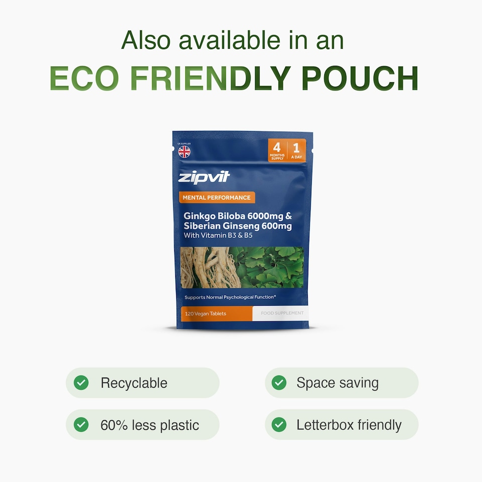 image 1 of Zipvit Ginkgo Biloba 6000mg & Siberian Ginseng 600mg with Vitamin B3 & B5, Energy & Mental Performance, 120 Vegan Tablets, 4-Month Supply