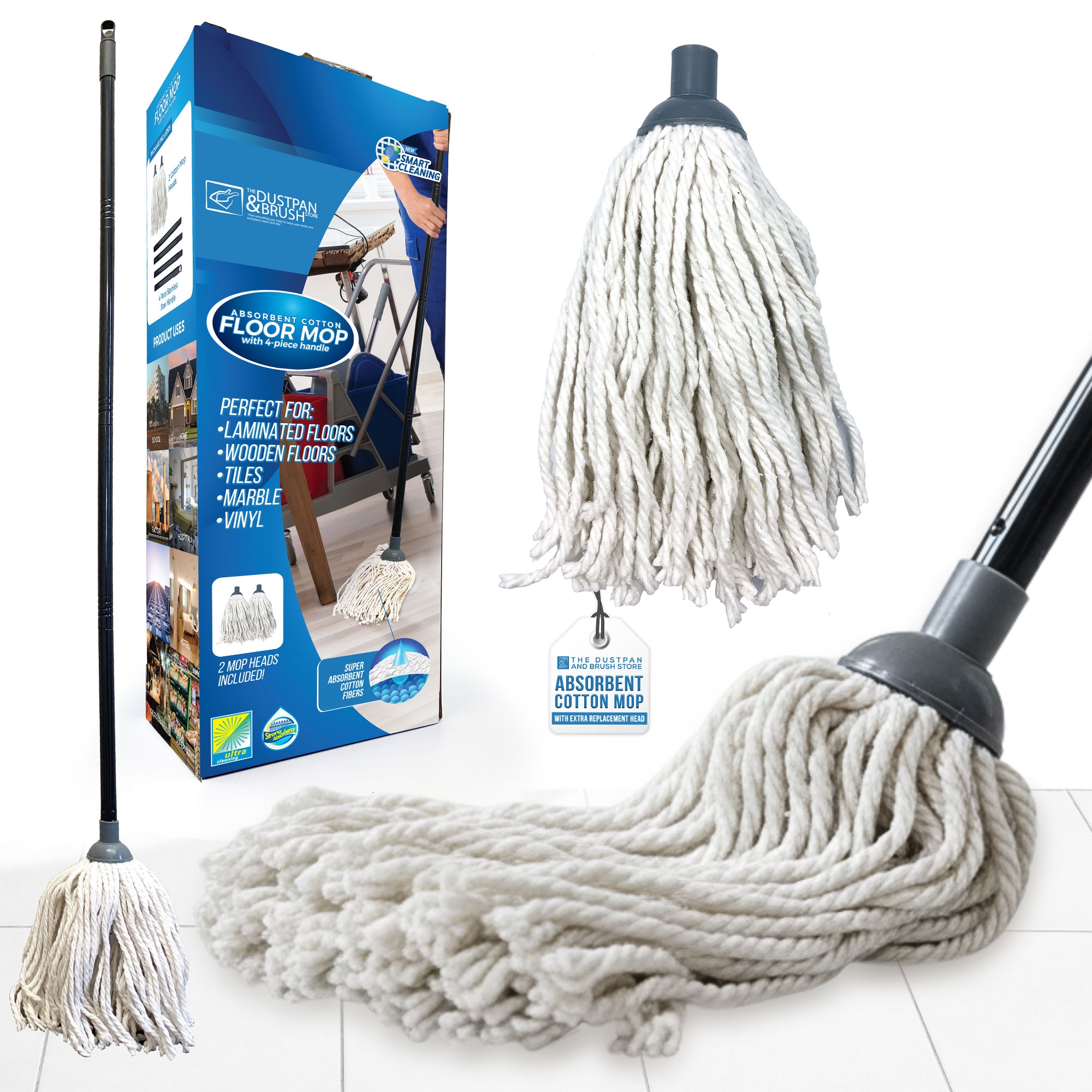Highly Absorbent Cotton Floor Mop Set Traditional String Mop with Extra Replacement Head