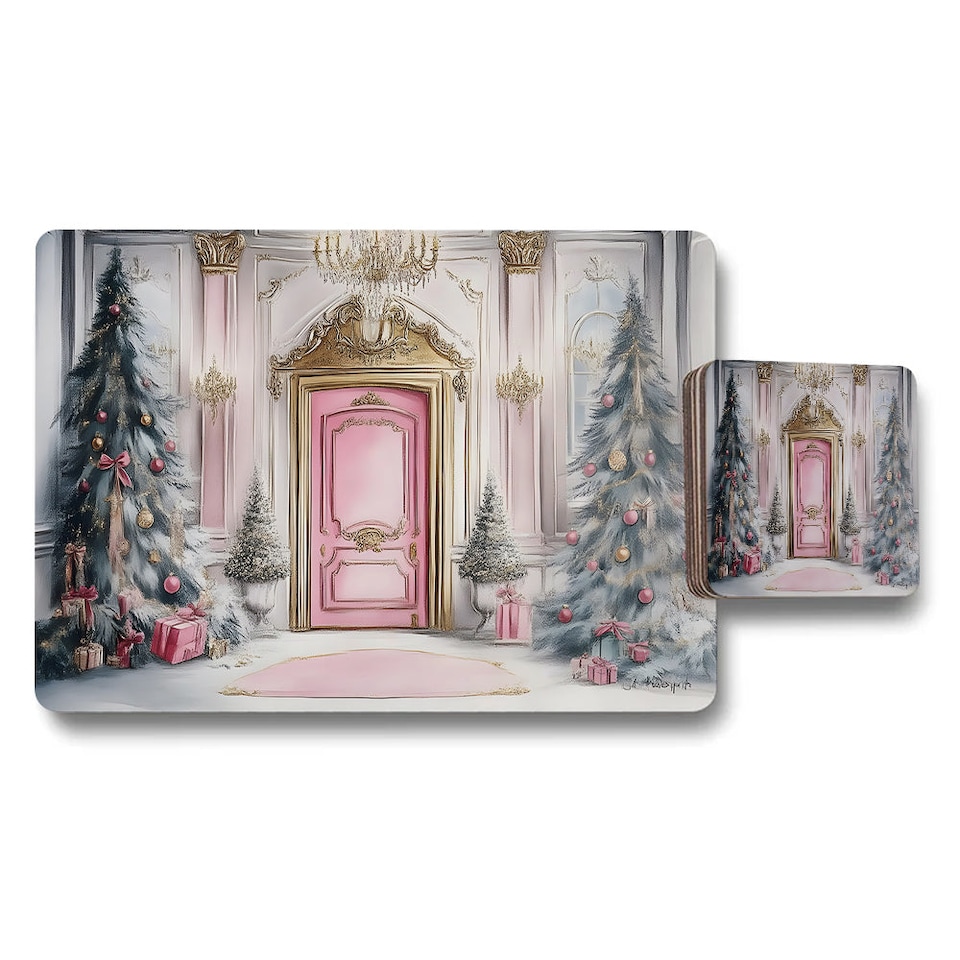 image 1 of Elegant Christmas Placemats And Coaster Set With Pink Door Scene